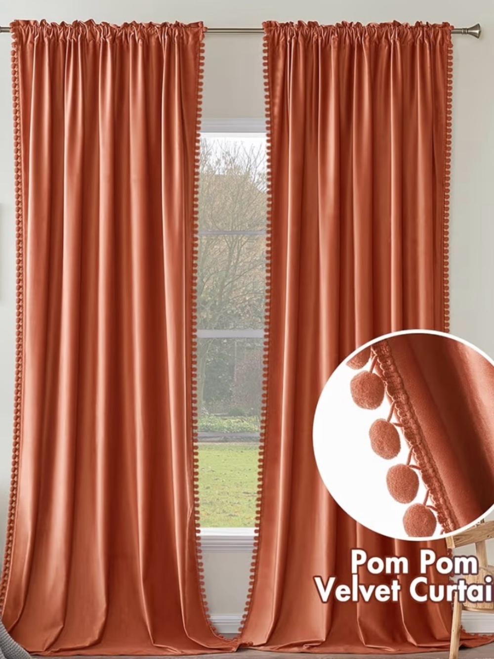 Pom Pom Velvet Black Out Curtain Panels - Rust